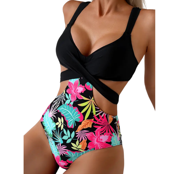 Black Twist Cutout Swimsuit with Tropical Print Bottoms