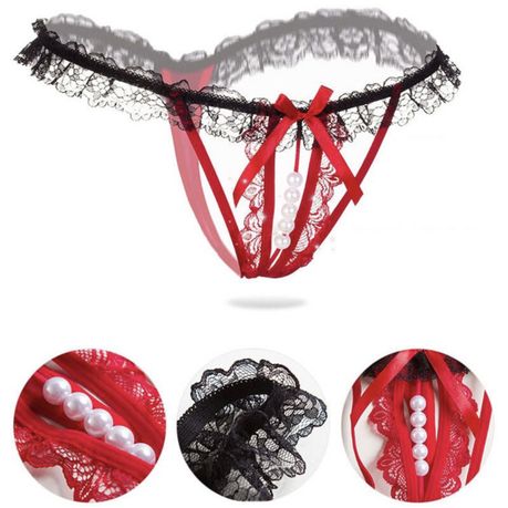 Hollow Pearls Women Lace Sexy Crotchless Thong Panties Intimates