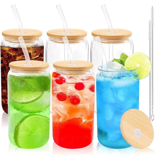 6Pcs Drinking Glasses with Bamboo Lids and Straws Beer Glasses Set -500ml