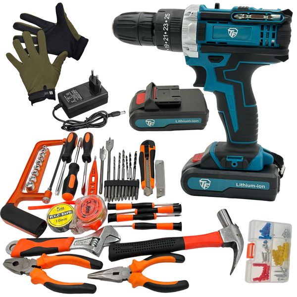 50 Pc Wireless Drill &amp; Tool Set With 2 x Li-On Battery Pack, Case &amp; Gloves