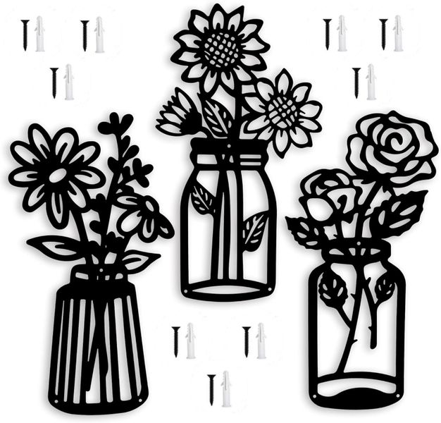 Black Metal wrought iron Flower wall decor, Vase floral livingroom wall art