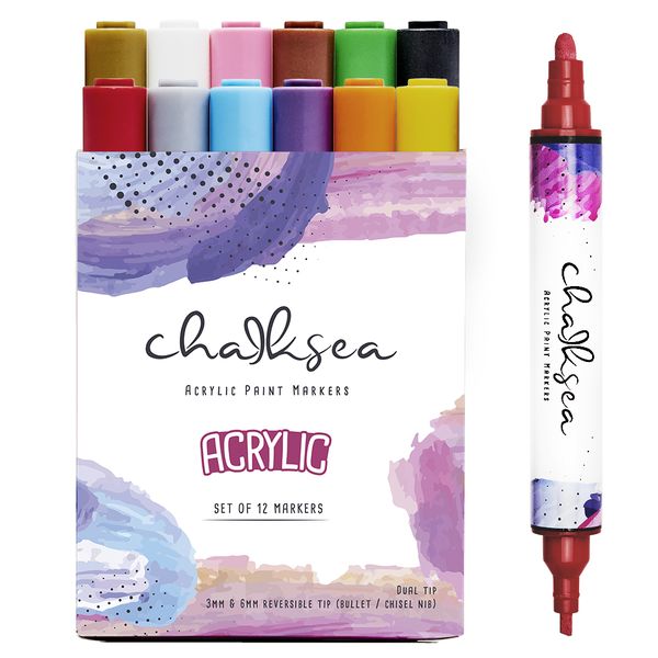 Chalksea Acrylic Marker Set 12. Dual Tip - Reversible Chisel &amp; Bullet Nib