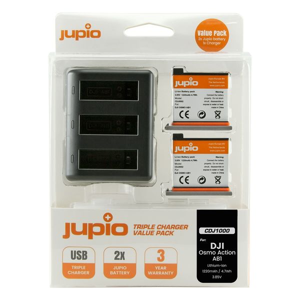 Jupio Value Pack x2 Battery for DJI Osmo Action AB1 + USB Triple Charger