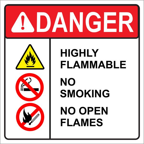 Danger, Highly Flammable, No Smoking No open flames19x19cm sign-2 Pack