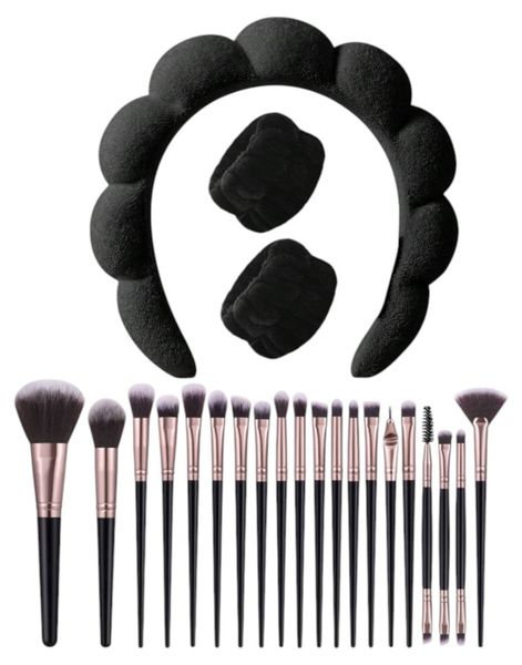3-Piece Headband Set With 20 Makeup Brushes - Black