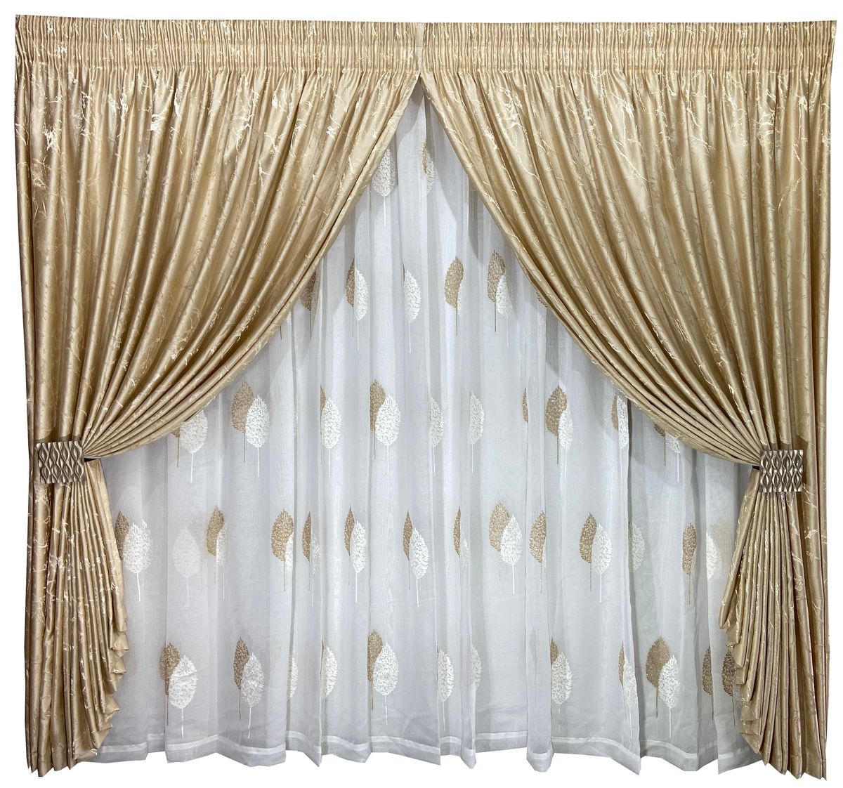 Curtain Set 5m Marble22 Light Gold + 5m 1898 Linen Embroidered Voile