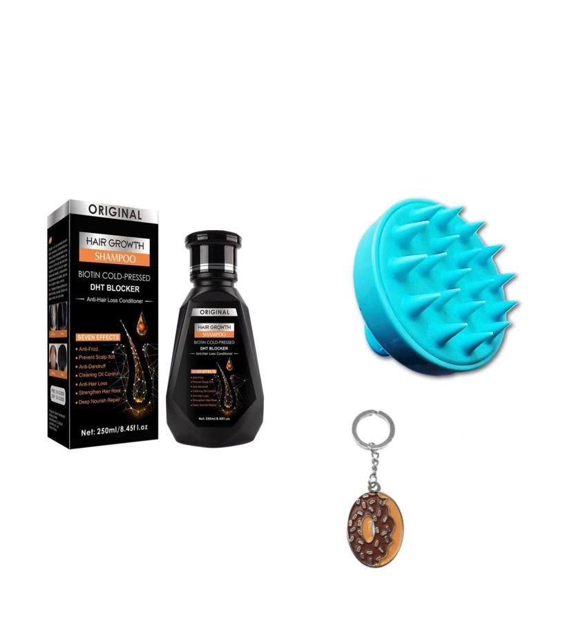 Biotin Hair Shampoo, Exfoliating Shampoo Brush & Doughnut Keyring