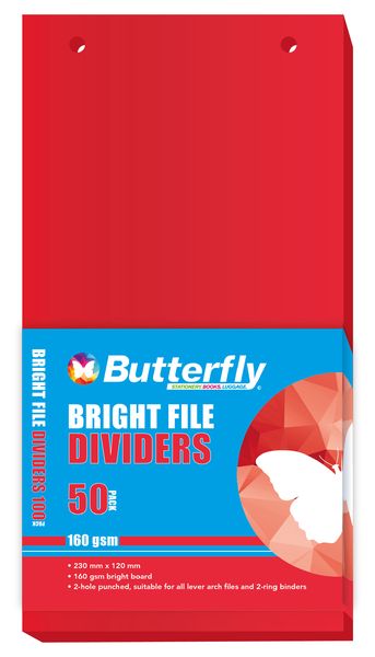 Butterfly File Divider 120mm X 230mm Bright Board - Pack Of 50 Red