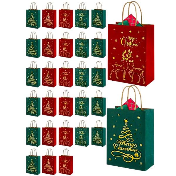 Christmas Gift Bag Set - Festive Kraft Paper Bags - 24 Piece