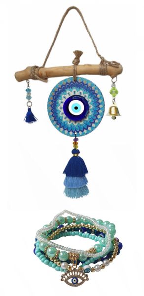 Evil Eye Blue Hues Hanging Decor + Boho Stacker Evil Eye Bracelet