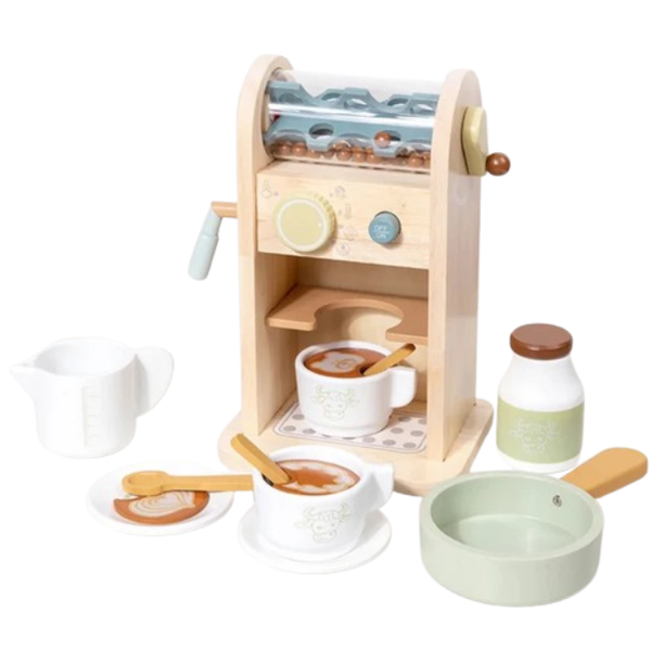 Wooden Toy Coffee Machine Playset for Kids - Pretend Barista Set