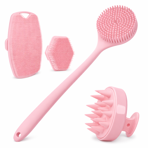 4-Piece Silicone Shower &amp; Skincare Exfolitating Set - Pink
