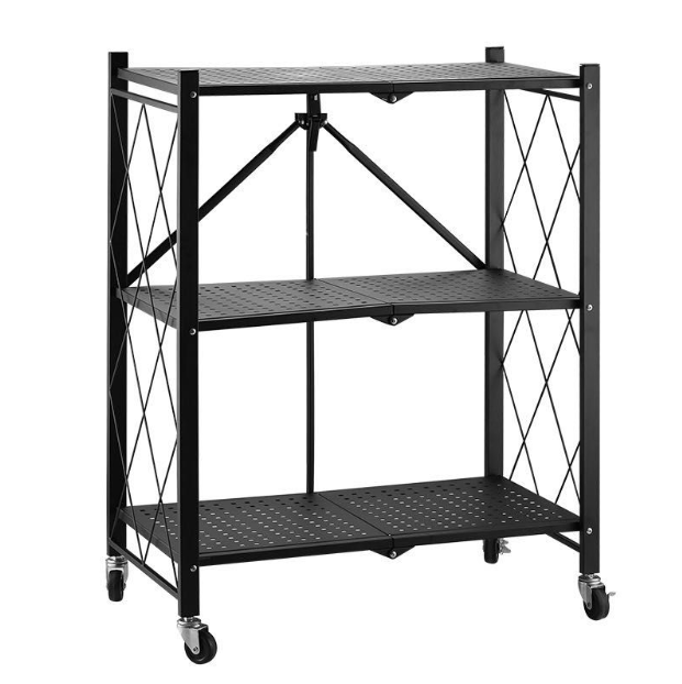 Metal 3 Tier Foldable Storage Shelve Home Storage Rack with Wheels
