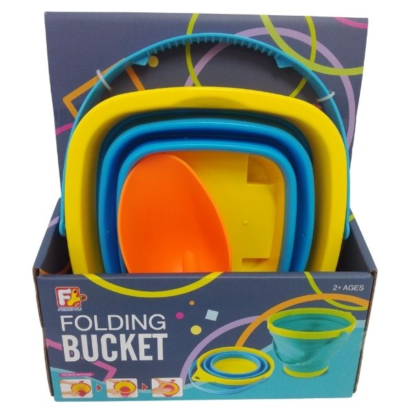SourceDirect - Collapsible Square Beach Bucket(Blue/Yellow) - Orange Shovel