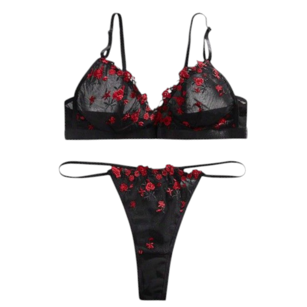 Floral Embroidered Mesh Bra &amp; Panty Lingerie Set - Black