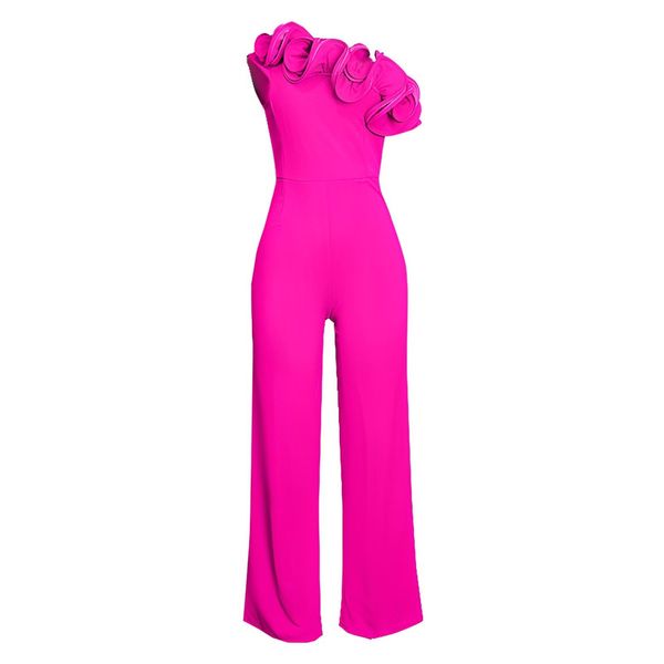 Women's Wide-Leg One-Shoulder Ruffled Stretch High-Waist Jumpsuit