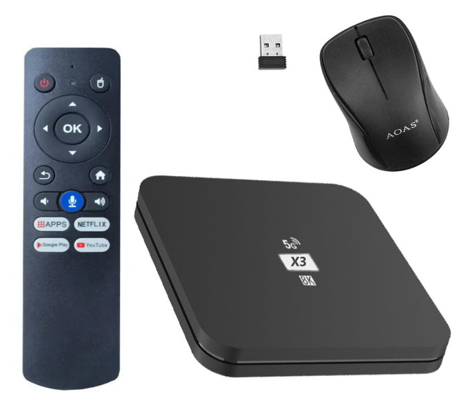 Smart X3 Tv Box + Wireless Mouse. AI Assist, Android 13, 16GB Rom, 2GB Ram.