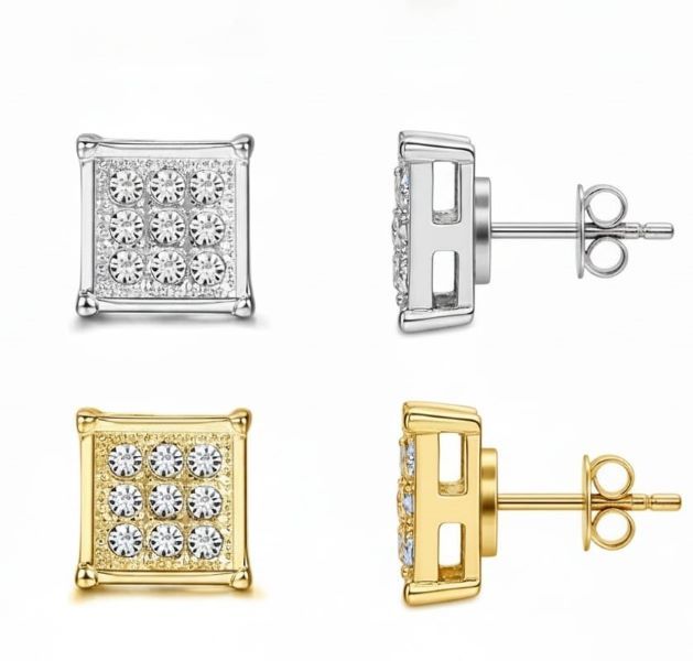 Square Stud Earrings, Iced Out Cz Stud Earring for Men Women SET OF 2