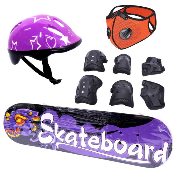 Skateboard 74cm with Protective Gear Kit-Helmet &amp; Sports Mask- Purple Flame