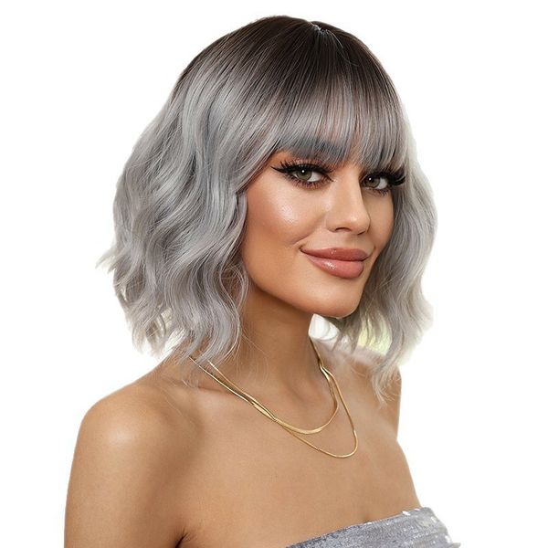 Black-to-Ash Gray Ombre Wig: Stylish Fluffy Short Curly Bob