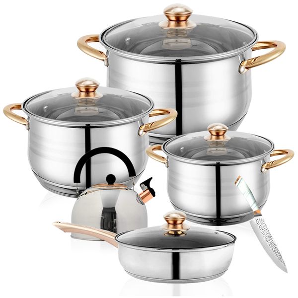 Stainless Steel Golden Handles Casserole Cookware Set with Glass Lid - 6 Piece