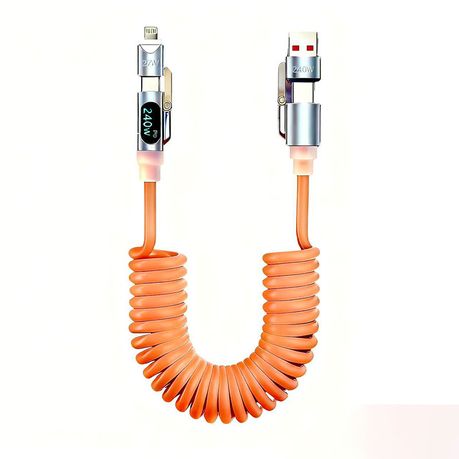 4In1 240W Car Spring Fast Charging Cable Digital Display,Anti-Tangle,Orange Image