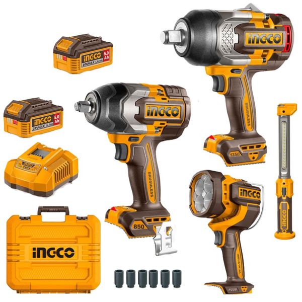 Ingco - Cordless Impact Wrench and Work Lamp with 5Ah Batteries Kit