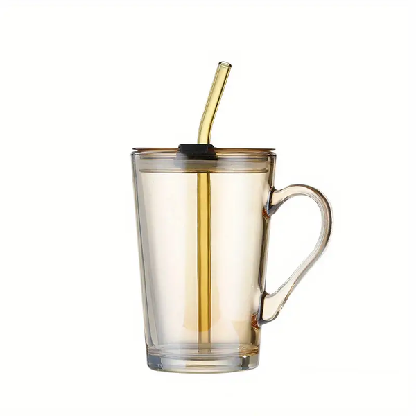 Glass water cup with a straw, handle and lid