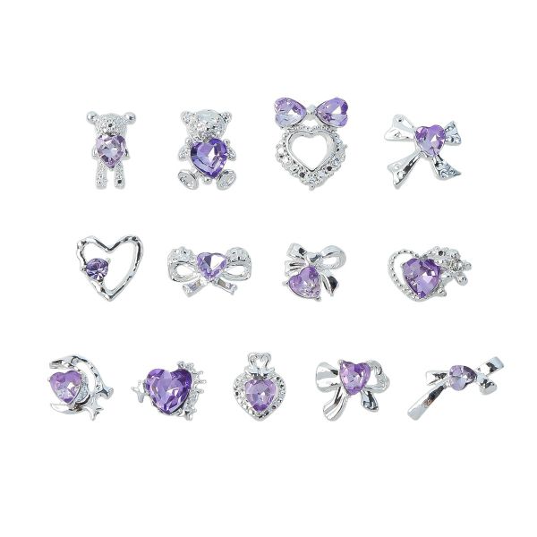 13 Piece Set of Silver Purple Rhinestone Nail Decorations For DIY Nail Art