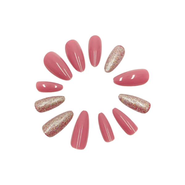 24Pcs Almond Shape Press-On Nail Kit - Pink &amp; Glitter Brown