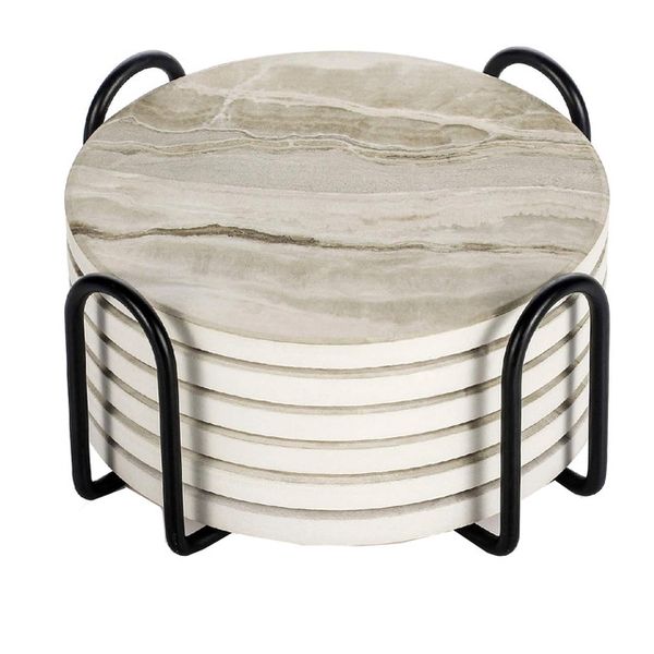 6 Pack Ceramic Drink Coasters With Holder For Cups Barware - Marble Style