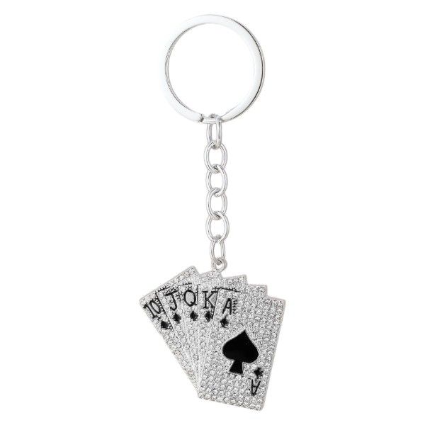 Party Playing Card Design Keychain With Shiny Rhinestone Accents - Black