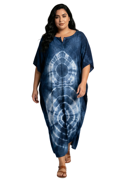 Dark Navy Tie Dye Rayon Plus Size Kaftan Dress