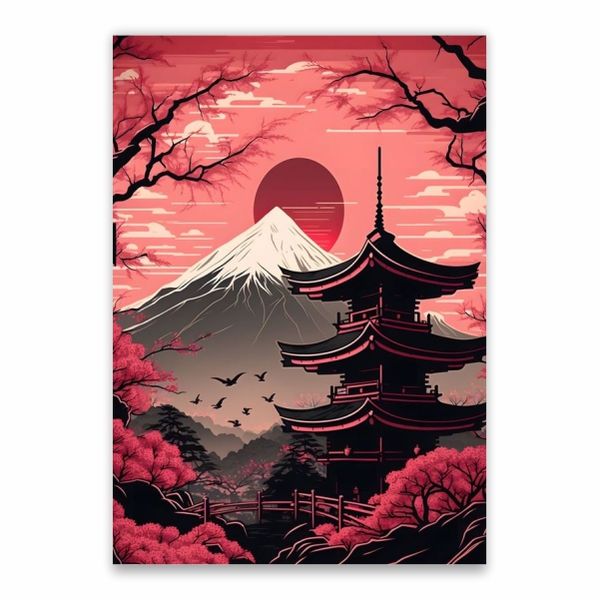 Pink Japanese Landscape Poster - A1