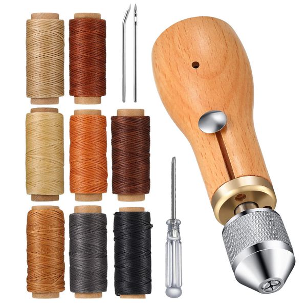 Portable Leather Sewing Awl Kit with 2 Needles and 8 Rolls Waxed Threads