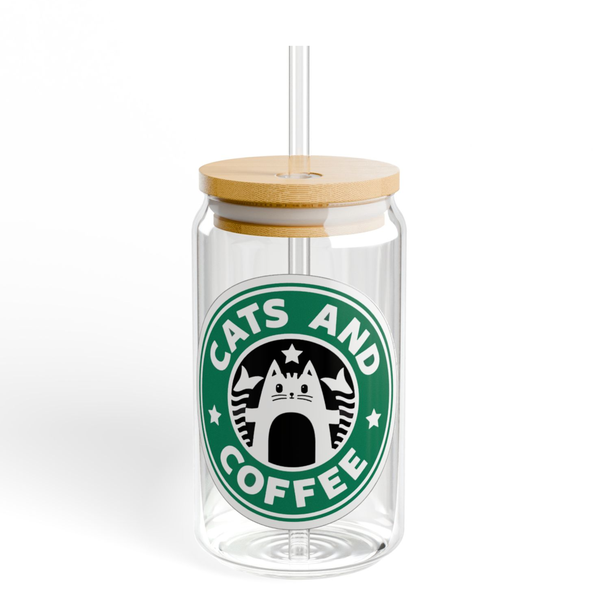Puff Berry Cats and Coffee Glass Mug with Lid and Straw