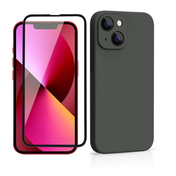 Silicone Phone Case &amp; Screen Protector Combo For Iphone 13 - Space Grey