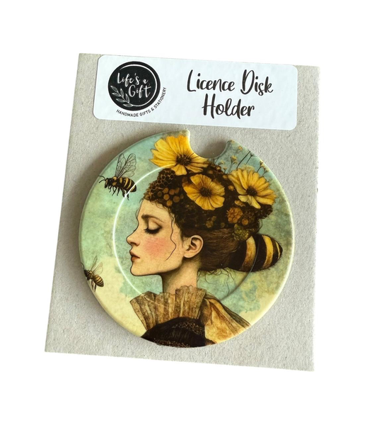 Licence Disk Holder - Sunny Yellow Flowers, Lady &amp; Bees