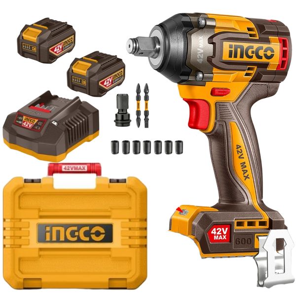 Ingco - Cordless (600Nm) Impact Wrench 42V with 2x 2.Ah Batteries &amp; Charger