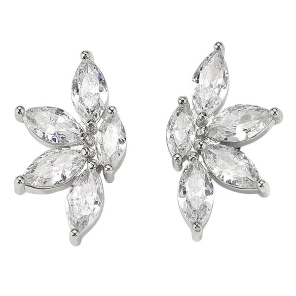 Crystal Leaf Stud Earrings With Floral Spark Design - Silver