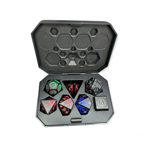 Rechargeable RGB Light Up Dice For Tabletop Games with Carry Case - 7 Piece
