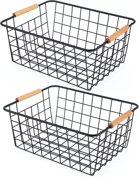 2PCS Wire Storage Baskets with Wooden Handles - Organizing Pantry