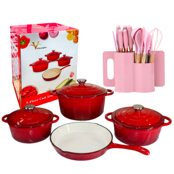 Vittone 7 Piece Cast Iron Cookware Pot Set &amp; 19 Piece Silicone Utensil Set