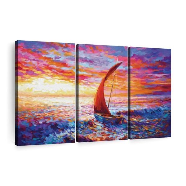 Canvas Wall Art Decor - 3-Piece Sunset Sailing Boat Canvas Print