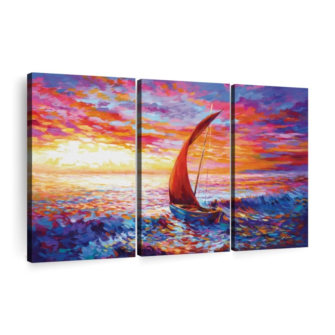 Canvas Wall Art Decor - 3-Piece Sunset Sailing Boat Canvas Print | Shop ...