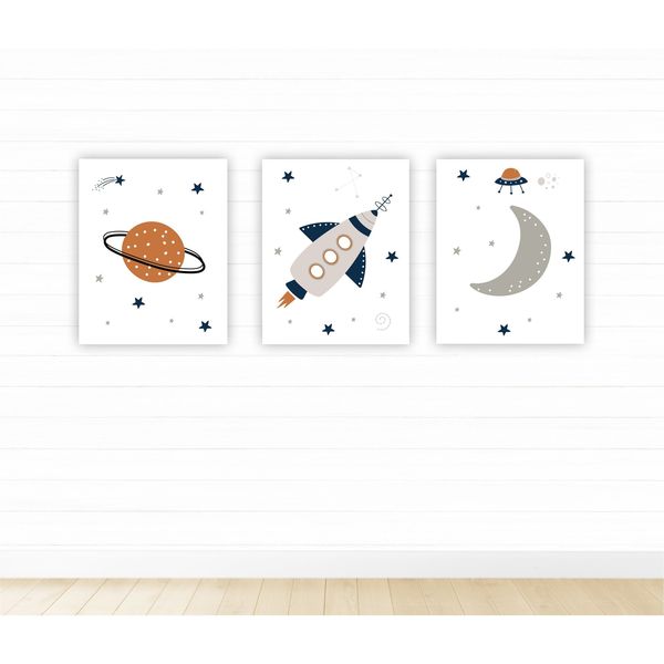 Planet Rocket &amp; Moon - A2 - Canvas (2.5cm ) -Set Of 3