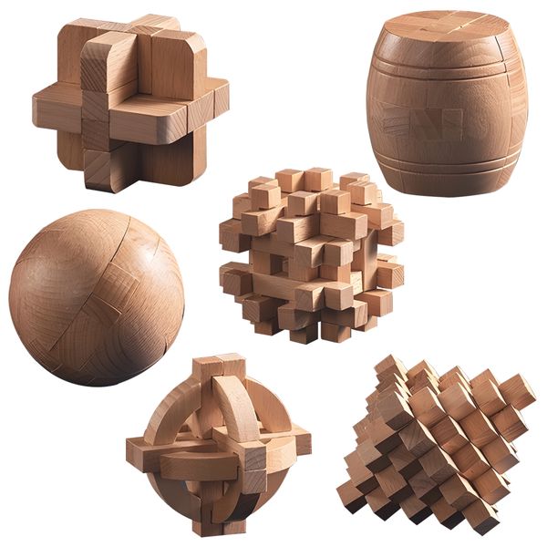 6 Pieces Wooden 3D Puzzle Brainteaser Puzzle Games Brain Teasers Toy Kit