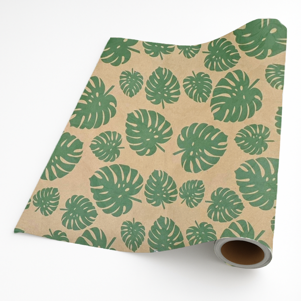 Monstera Leaf Kraft Gift Wrap Roll - Green on Brown (5m x 50cm)