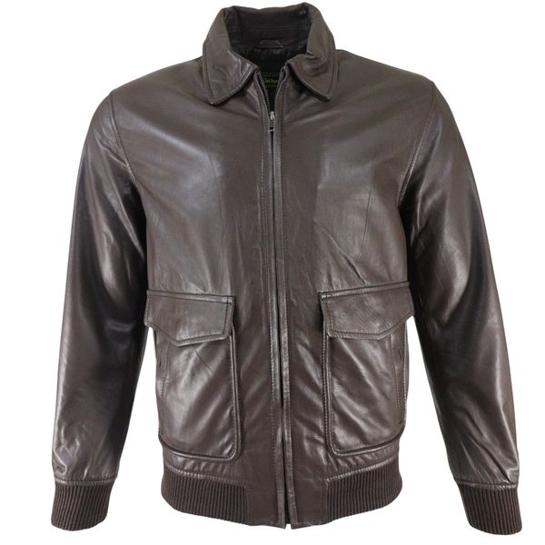 Mens Genuine Sheep Leather Regular Fit Bomber Jacket - Plain Dark Brown