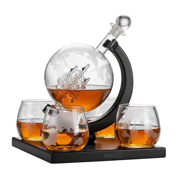 MIkaco Globe Whiskey Decanter Set w/ 4 Glasses &amp; Wooden Base